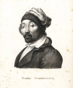 Feodor Jwanowitsch, Kalmukse nomade ontvoerd door de Russen die later schilder en kopergraveur werd. Lithografie door Karl Joseph Brodtmann uit Heinrich Rudolf Schinz