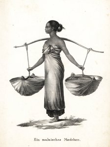 Maleis meisje met opgestoken haar draagt sneakers aan een juk. Lithografie door Karl Joseph Brodtmann uit Heinrich Rudolf Schinz