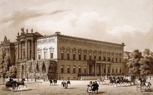 Unter den Linden, Berlijn. Het paleis van prins Wilhelm, gebouwd door Karl Langhans in 1834-36, en de Koninklijke Bibliotheek, gebouwd door Georg Christian Unger 1775-78 volgens plannen van Josef Emanuel Fischer von Erlach, met uitzicht op de Platz am Oper
