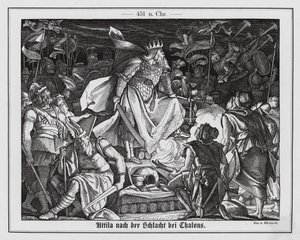 Attila de Hun na de Slag bij Chalons, 451 (gravure)