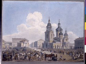 De hooi markt en de kerk van de Hemelvaart in Sint-Petersburg door Karl Pavlovich Beggrov