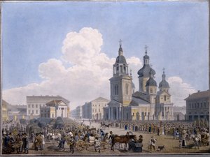 Het hooi-marktplein en de Maria-Tenhemelopnemingkerk in Sint-Petersburg door Karl Pavlovich Beggrov