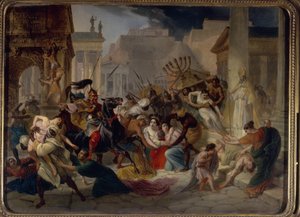 Sack van Rome in 455: Genseric (of Geiseric) (ca. 399-477) en de Vandalen vallen Rome binnen. Ze plunderen de stad en nemen de Menorah mee. Schilderij van Karl Pavlovich Briullov (Brioullov) (1799-1852)