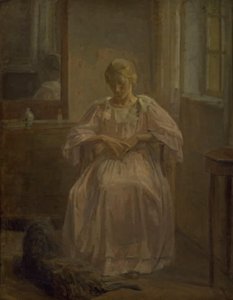Een jong meisje, Sophie Lofthus, met een hond door Karl Schou