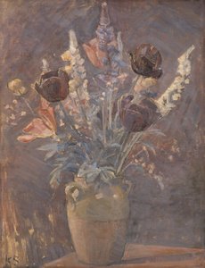 Aarden vaas met tulpen en andere bloemen