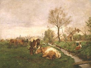 Landschap met koeien en een stroom