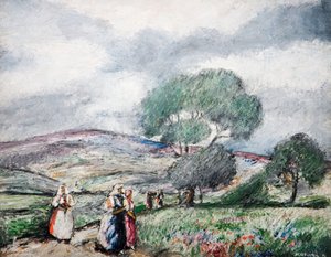 Stormachtig landschap met blauwe en rode figuren, 1940 door Karoly Kotasz