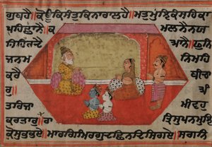 Krishna en Balrama zittend met Nanda en Yashodha door Kashmir School
