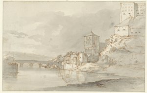 Riviergezicht met boogbrug en fortificaties op de rechteroever door Kasparus Karsen (possibly)