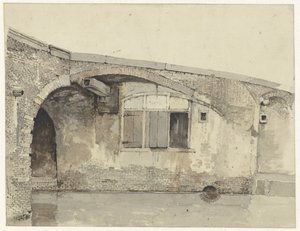 Oude brug met woning of keldersramen onder de kade door Kasparus Karsen
