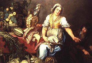 Keuken Stilleven met Fruit, Groenten en een Meisje dat een Kip Vasthoudt door Kasper or Gaspar van den Hoecke