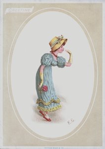 Meisje in blauwe jurk, met strohoed, roos vasthoudend door Kate (after) Greenaway