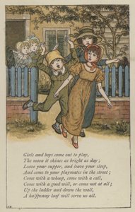 Meisjes en jongens kom buiten spelen door Kate (after) Greenaway