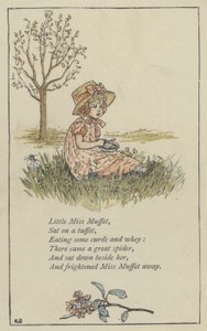 Kleine Miss Muffet (kleur litho) door Kate (after) Greenaway