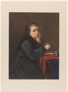 Meisje, zittend schrijvend aan een tafel