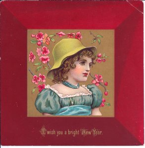 Victoriaanse kerstkaart van een meisje in regentiekleding met een boeket bloemen, ca. 1880 door Kate Greenaway