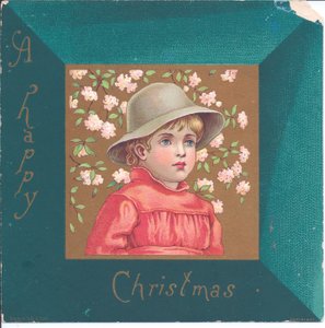 Victoriaanse nieuwjaarskaart van een meisje in regentiekleding met een ketting van blauwe kralen, ca. 1880 door Kate Greenaway