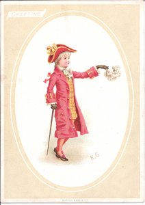 Victoriaanse wenskaart van kinderen aan een dinertafel terwijl een als kok verkleed kind het snijmes slijpt, ca. 1880 door Kate Greenaway