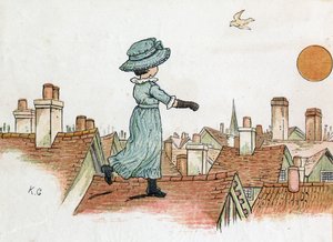 Een klein meisje loopt in de vroege ochtend op de daken van een stad naar de zon. Illustratie door Kate Greenaway (1846-1901) uit het boek met verhalen en kinderrijmpjes 