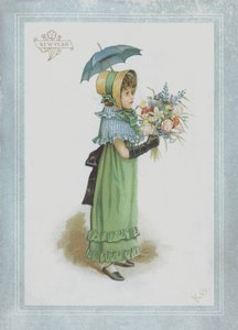 Meisje in groene jurk, met parasol en een boeket bloemen door Kate Greenaway