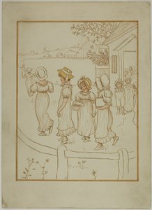 Meisjes die een laan aflopen door Kate Greenaway