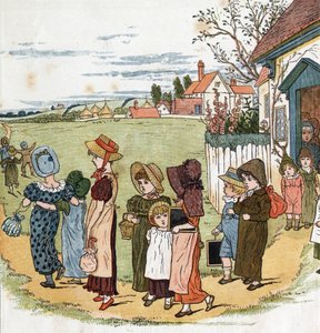 Uit school. Illustratie door Kate Greenaway uit het boek 