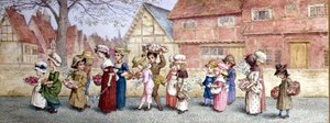 Processie van zestien kinderen die bloemen dragen, ca.1876 door Kate Greenaway