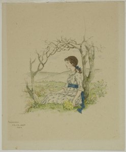 Zittend meisje met sleutelbloemen door Kate Greenaway