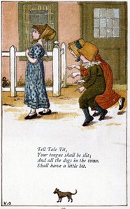 Vertel sprookje tit / Je tong zal worden gespleten: Illustratie door Kate Greenaway voor een boek met kinderrijmpjes. Chromolithografie