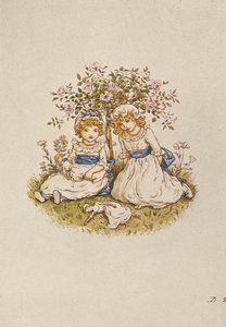 Twee meisjes met poppen zittend onder een rozenstruik, 19e eeuw door Kate Greenaway