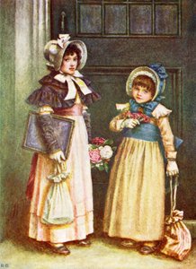 Twee meisjes op weg naar school door Kate Greenaway