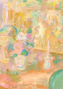 Impressionistisch schilderij van bloemen en een kaars