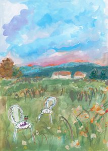 Aquarel: Dieproze zonsondergang