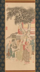 Tien Rakan die een schilderij van de Witte Kannon onderzoeken door Kato Nobukiyo