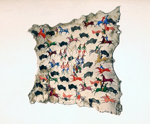 Elandhuid door Noord-Amerikaanse Shoshone Indiaan, toont Buffeljacht door Katsikodi
