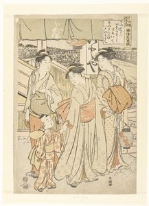 Genieten van de avondbries bij de rivier in Shijo, Kyoto door Katsukawa Shuncho