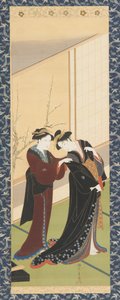 Interieur: een vrouw helpt een meisje zich aan te kleden, Edo periode, 1726-1792