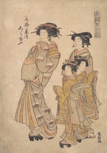 De Oiran Shirayu van Wakanaya met twee Kamuro en Shinzo door Katsukawa Shuncho