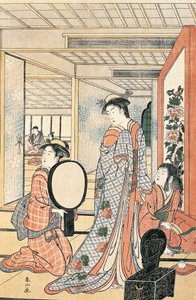 Vrouw voor spiegel, door Katsukawa Shunsho, Japanse beschaving