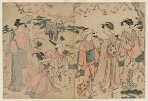 Vrouwen Bekijken Kersenbloesems bij Asukayama door Katsukawa Shuncho