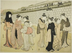 Vrouwen Wandelen langs een Gracht door Katsukawa Shuncho