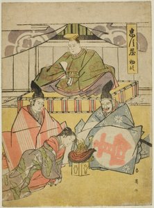 Eerste akte: Tsurugaoka Hachiman Shrine uit het toneelstuk Chushingura (Treasury of the Forty-seven Loyal Retainers) door Katsukawa Shun