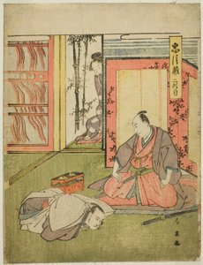 Akte twee: De vertrekken van Momonoi Wakasanosuke uit het toneelstuk Chushingura (Schatkist van de zevenenveertig trouwe bewaarders) door Katsukawa Shun