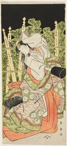 Acteur Segawa Kikunojô III Mogelijk als Ono no Komachi in "Komachi Village: Nieuwjaar in het theater" ("Komachimura shibai no shôgatsu") door Katsukawa Shun