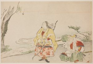 Keizerin Jingu (links) en haar minister Takenouchi no Sukune (rechts) door Katsukawa Shun
