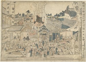 Gezicht op het festival bij het Myojin heiligdom in Kanda door Katsukawa Shunei