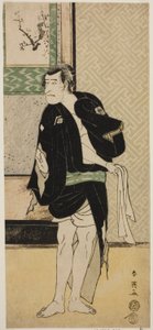 De acteur Ichikawa Komazo II als Soga no Dozaburo vermomd als de schurk Tobei () in het toneelstuk Haru no Nishi Date-zome Soga (), opgevoerd in het Nakamura Theater () in de eerste maand, 1790 () door Katsukawa Shunei