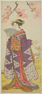 De acteur Ichikawa Komazo II als de geest van Lady Shiragiku in het toneelstuk Hatsu Midori Saiwai Soga, opgevoerd in het Kawarazaki Theater in de derde maand, 1791