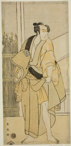 De acteur Ichikawa Monnosuke II als Hiranoya Tokubei () in het toneelstuk Waka Murasaki Edokko Soga (), opgevoerd in het Ichimura Theater () in de derde maand, 1792 () door Katsukawa Shun