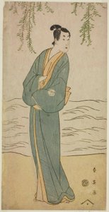De acteur Segawa Kikunojo III als Chokichi in het toneelstuk Suda no Haru Geisha Katagi, opgevoerd in het Kiri Theater in de eerste maand, 1796